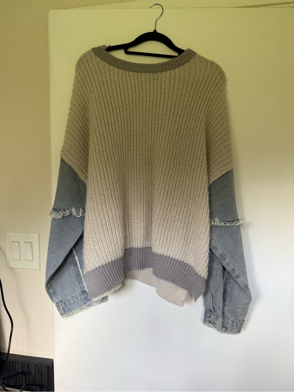 Beige and Gray Mixed-Knit Sweater with Denim Sleeves